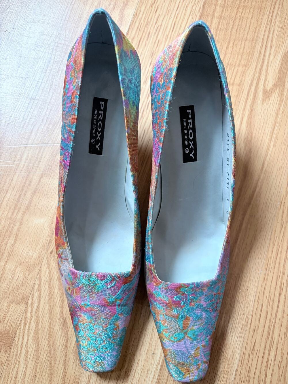 Vintage 90s PROXY Spain Floral Brocade Pumps Square Toe Heel Multicolor 9N
